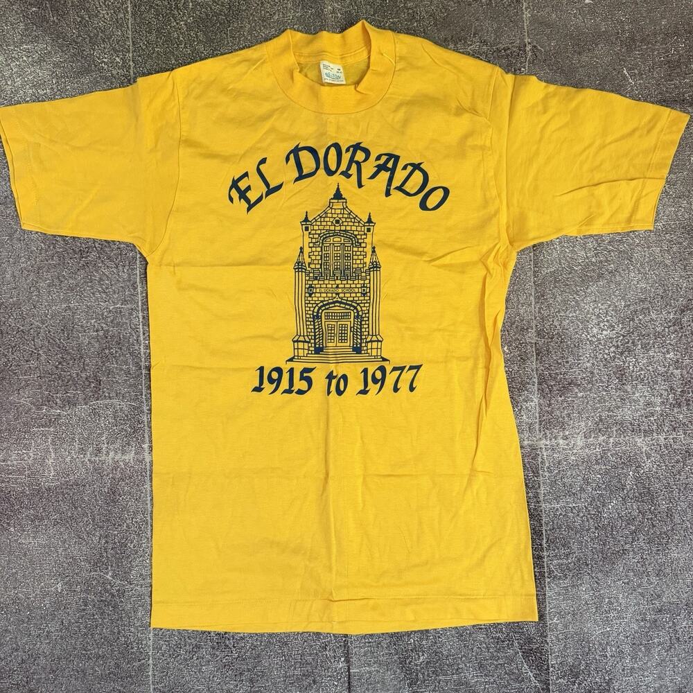 Men's Vintage 70's Belton El Dorado Old English Yellow Blue T Shirt Tee Sz M VTG